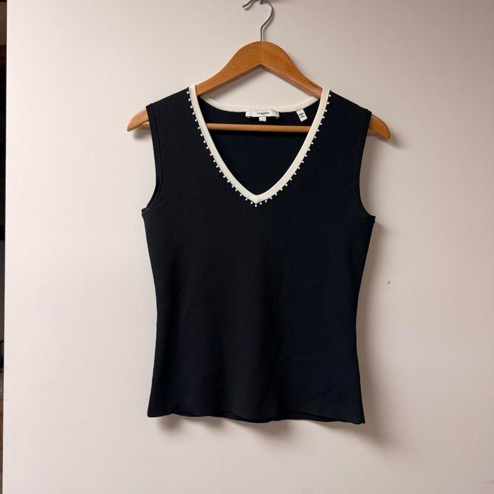 Vintage Vertigo Paris Sleeveless Black White V Neck Minimal Preppy Top Size L